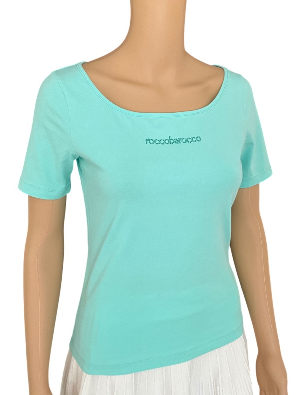 Roccobarocco Turquoise Rhinestone Logo Short Sleeve Top Made in Italy Size S